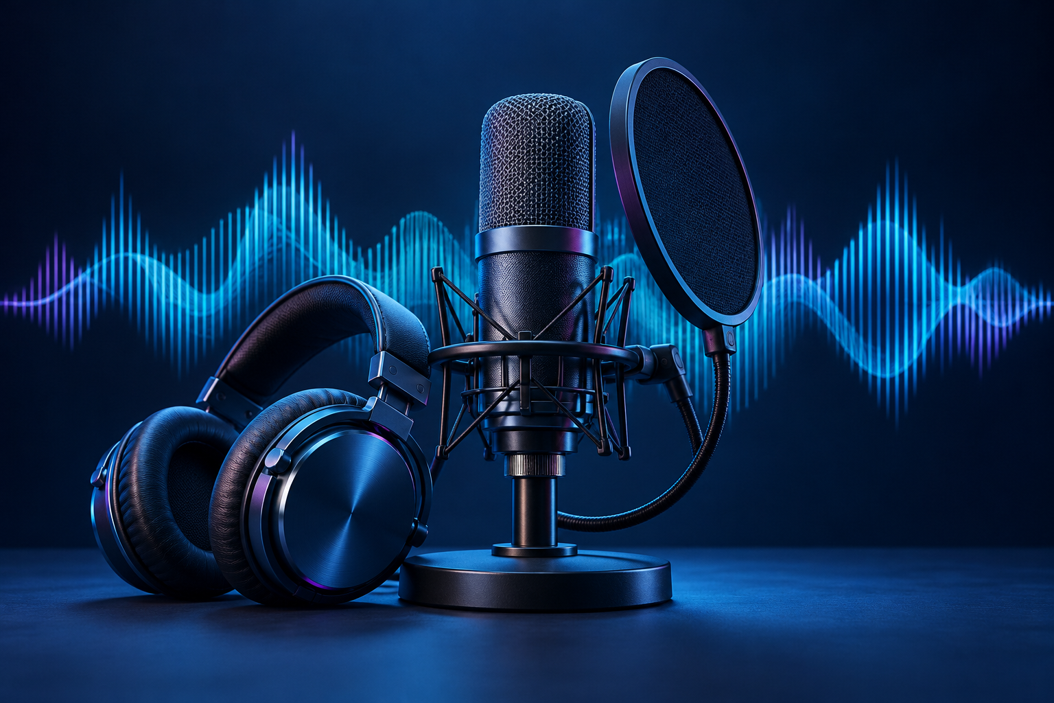 Concept illustration of a studio microphone, headphones and an audio waveform.