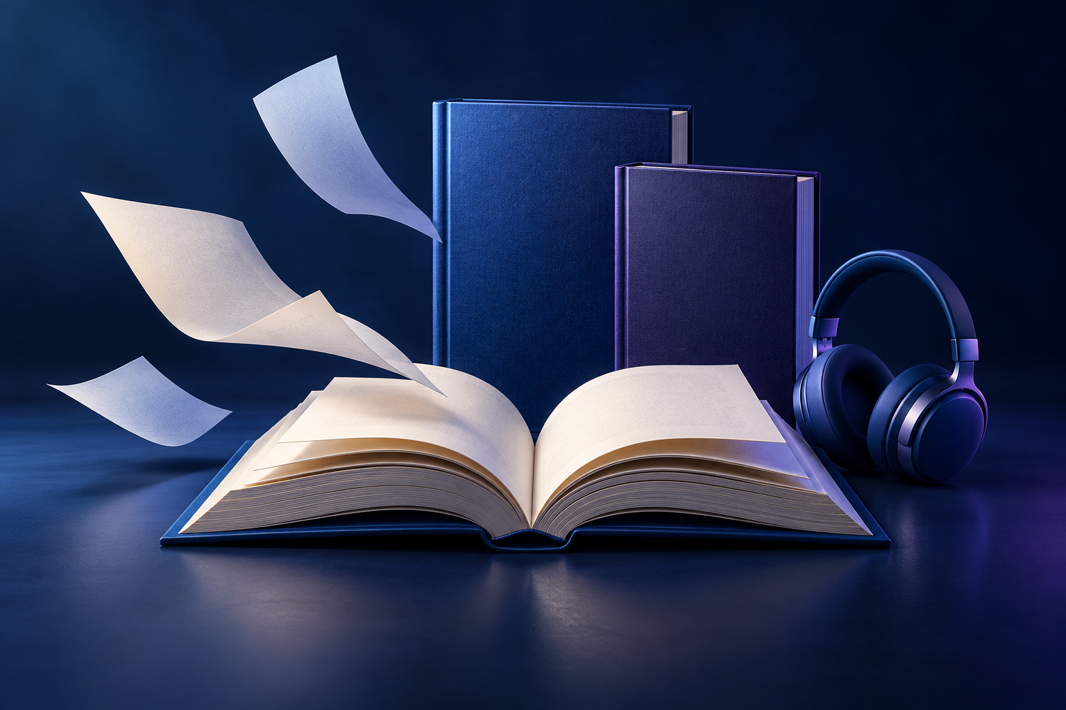 Concept illustration of an open book, standing books, paper sheets and headphones.