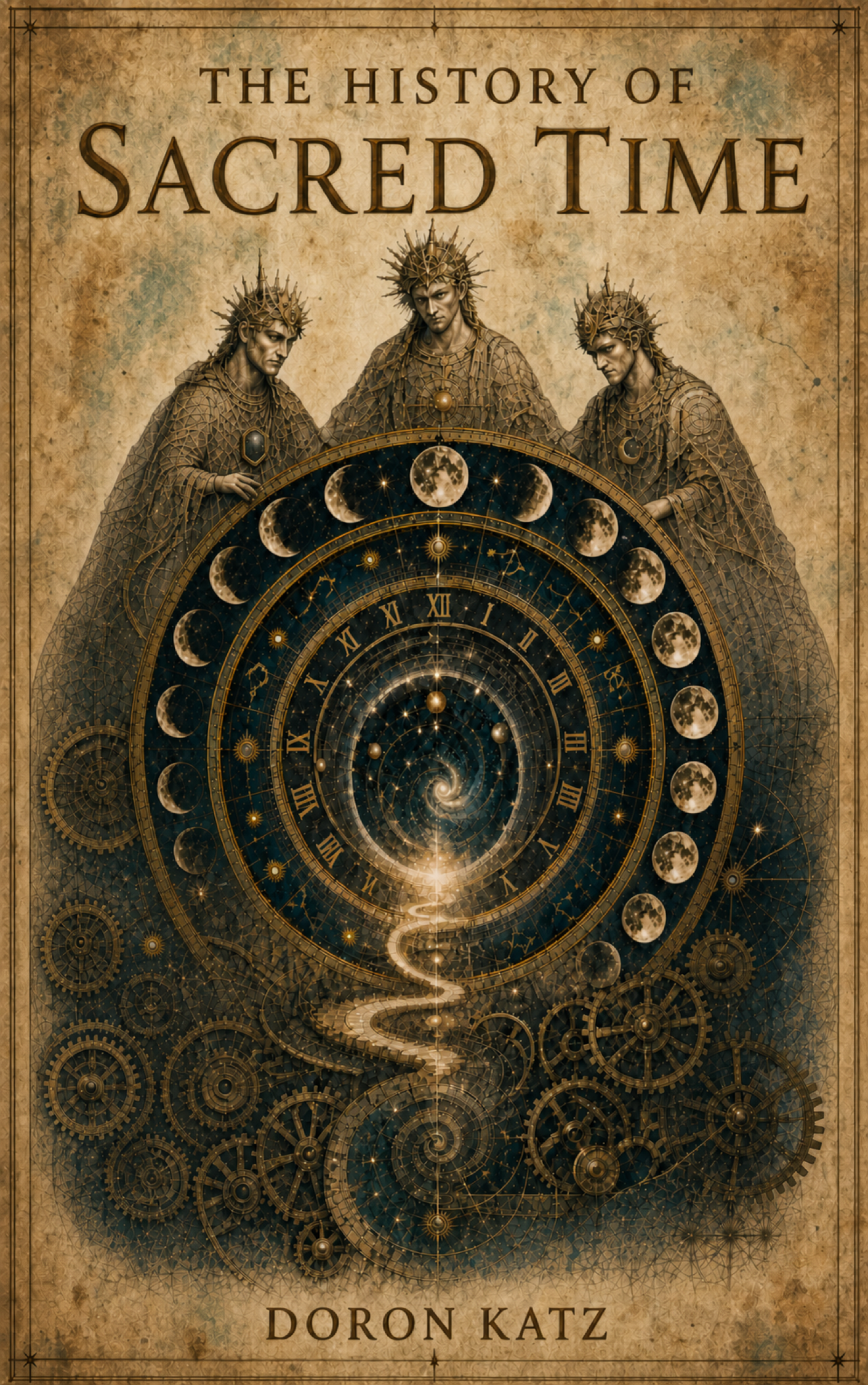 The History of Sacred Time cover concept, with antique gold celestial clockwork and illustrated figures.
